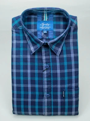 Men’s Navy Blue Plaid Cotton Shirt | Teal Checkered Casual Wear