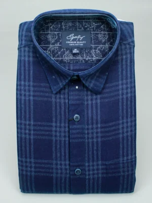 Men’s Deep Navy Blue Plaid Cotton Shirt | Muted Check Pattern