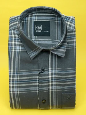 Men's Dark Grey Plaid Casual Shirt | Subtle Blue Accent Check