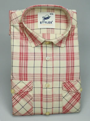 Men's Cream & Red Plaid Shirt | Classic Check Casual Wear