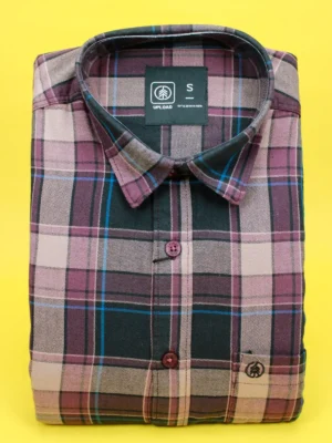 Men's Cotton Plaid Shirt | Burgundy, Green & Tan Check Casual