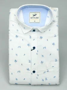 Men's White Micro-Print Casual Shirt | Subtle Blue Leaf Pattern
