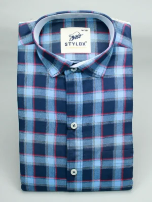 Men's Navy & Sky Blue Plaid Cotton Shirt.