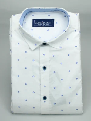 Men's White Micro-Geometric Print Cotton Shirt | Blue Accent