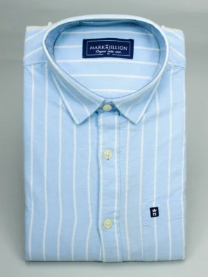 Men's Sky Blue & White Striped Cotton Shirt | Classic Vertical Stripe