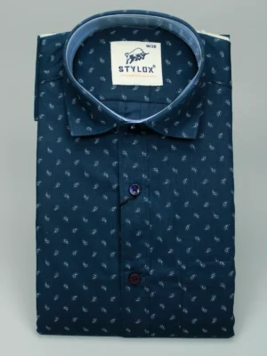 Men's Navy Blue Micro-Print Casual Shirt | Subtle Diamond Pattern